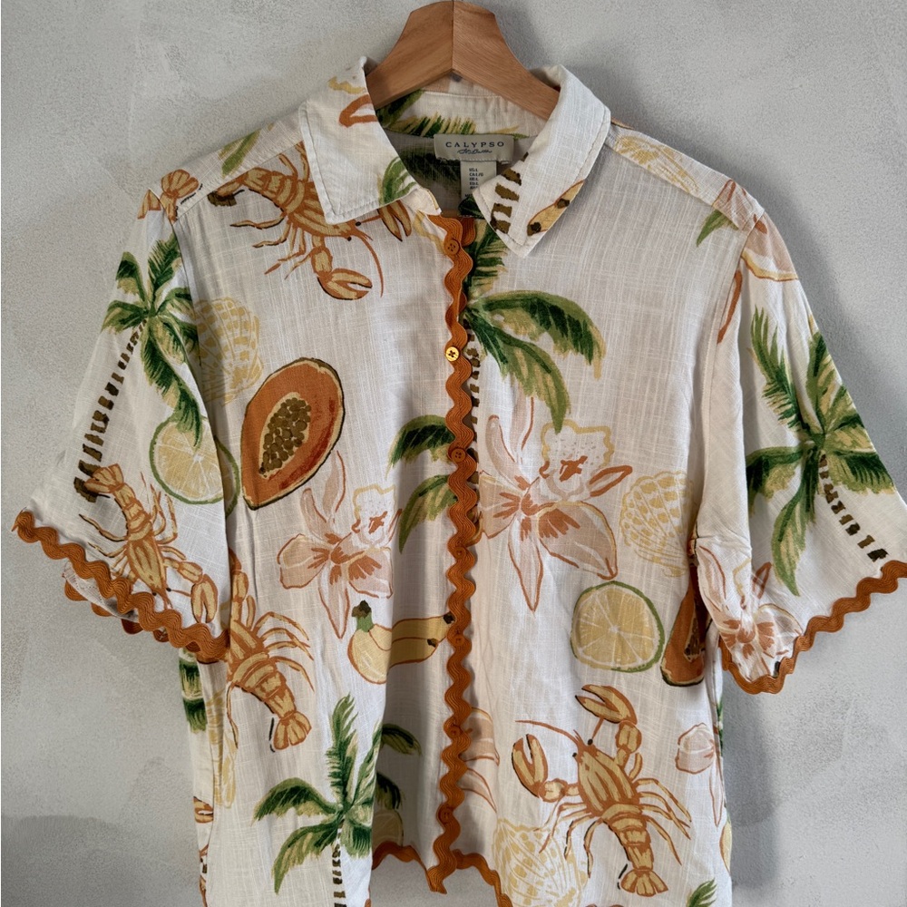Calypso St. Barth - Women’s White Linen-Blend Tropical Print Button-Up Shirt